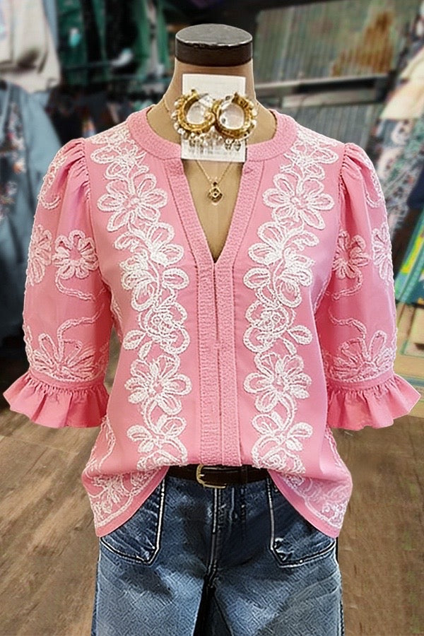 Sweet Flower Embroidered  Notch Neck Puff Sleeve Top