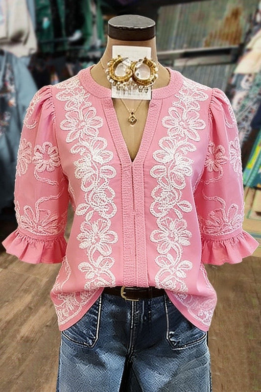 Sweet Flower Embroidered  Notch Neck Puff Sleeve Top