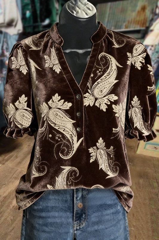 Retro Paisley Textured V-Neck Puff Sleeve Velvet Top