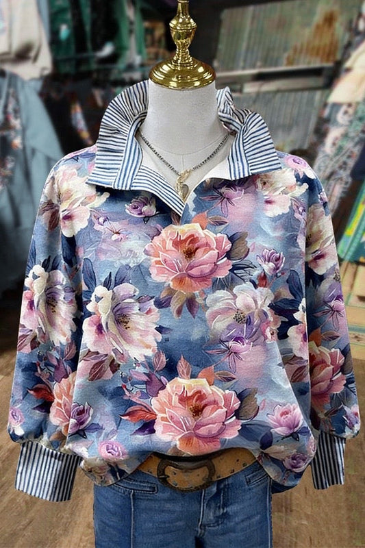 Colorful Art Floral Print Striped Collar Blouse