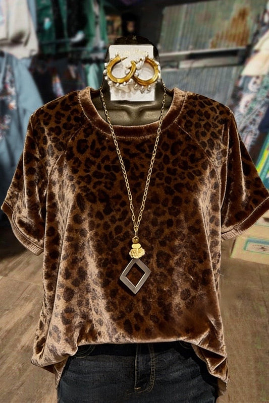 Leopard Short Sleeve Velvet Top