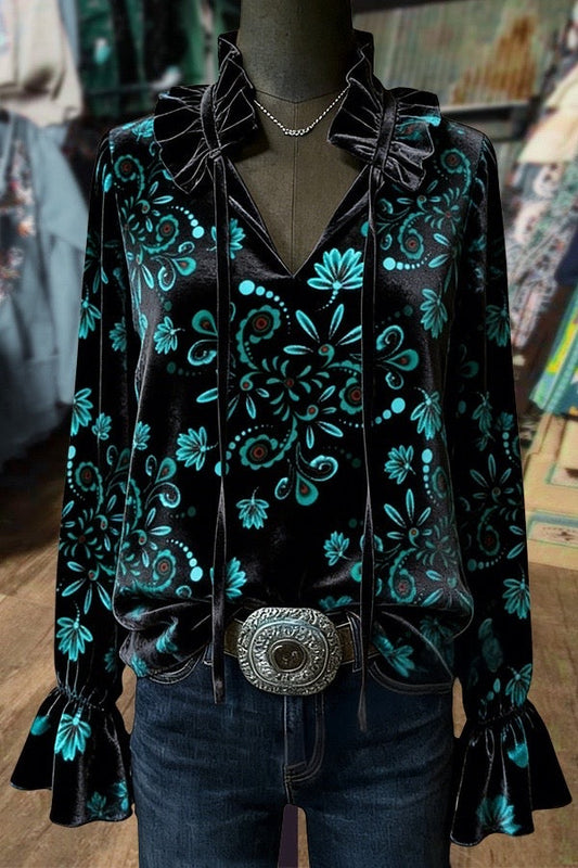 Retro Floral Print Ruffle Neck Bell Sleeve Velvet Top