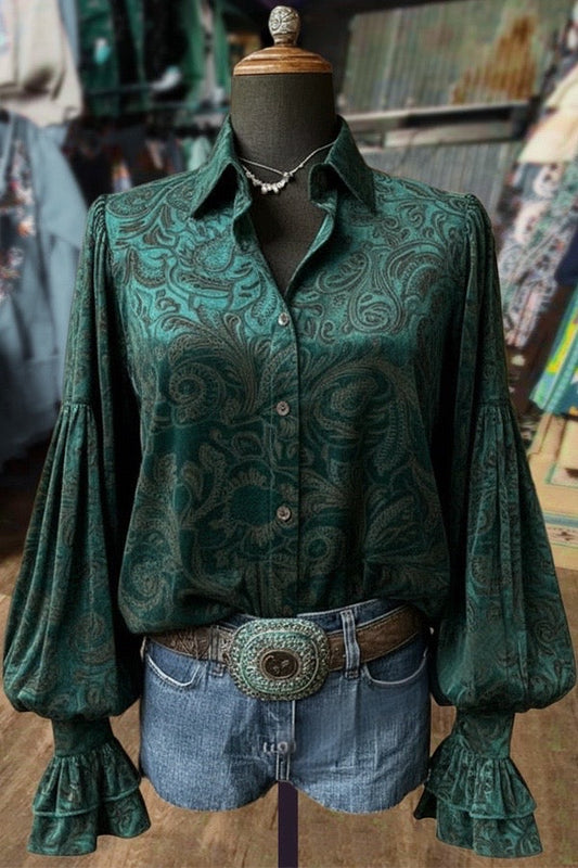 Retro Jacquard Flower Balloon Sleeve Velvet Shirt