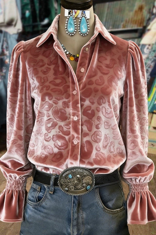 Retro Textuerd Leopard Bell Sleeves Velvet Shirt