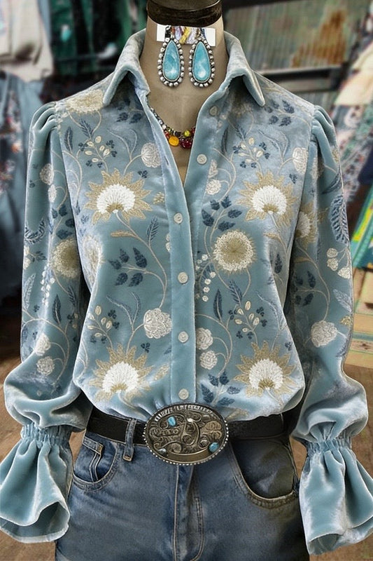 Vintage Floral Print Collared Bell Sleeves Velvet Top