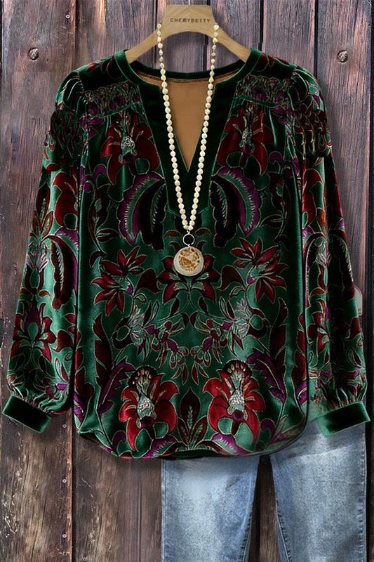 Vintage Jacquard Flower Long Sleeve Velvet V-Neck Top