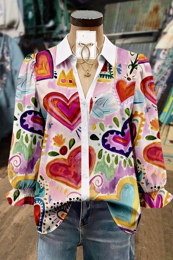 Colorful Heart Print Collared Puff Sleeve Valentine's Day Top