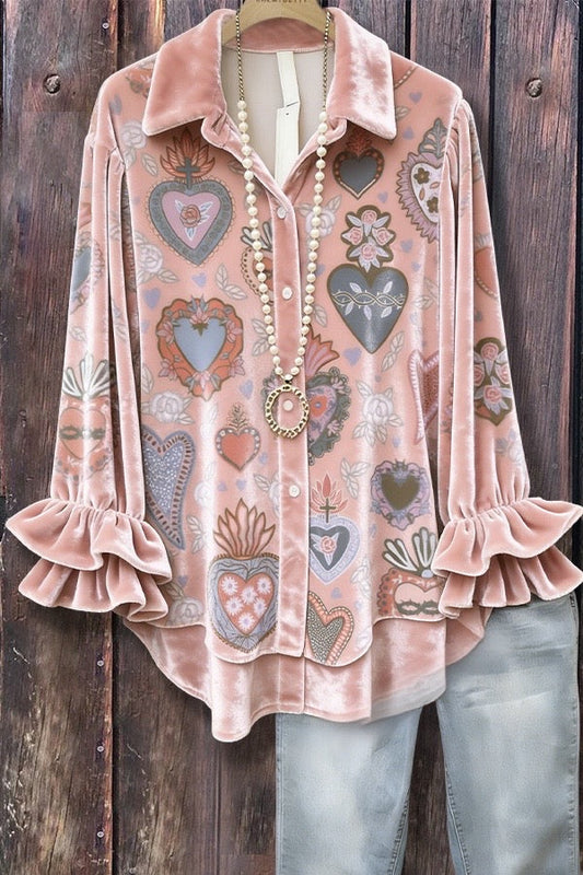 Retro Heart Print Layered Ruffle Sleeve Shirt