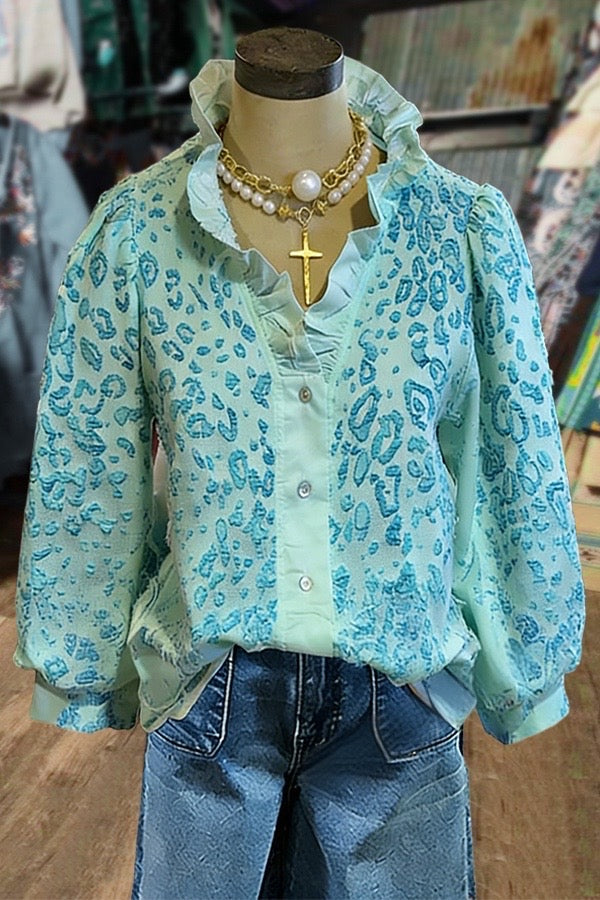Chic Leopard Jacquard Ruffle Neck Blouse