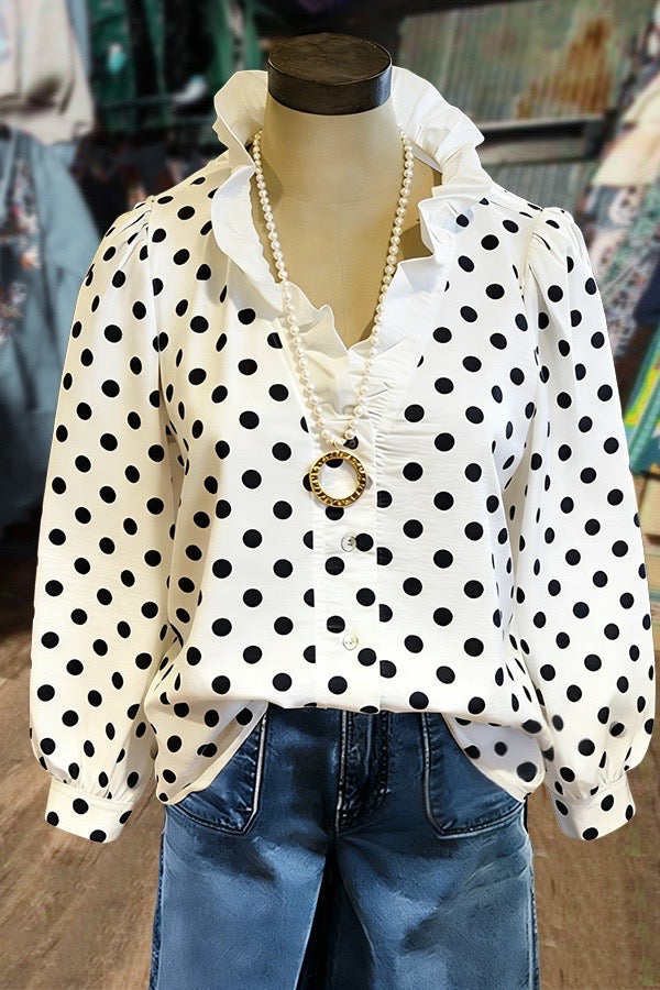 Classic Polka Dot Print Ruffle Neck Long Sleeve Blouse