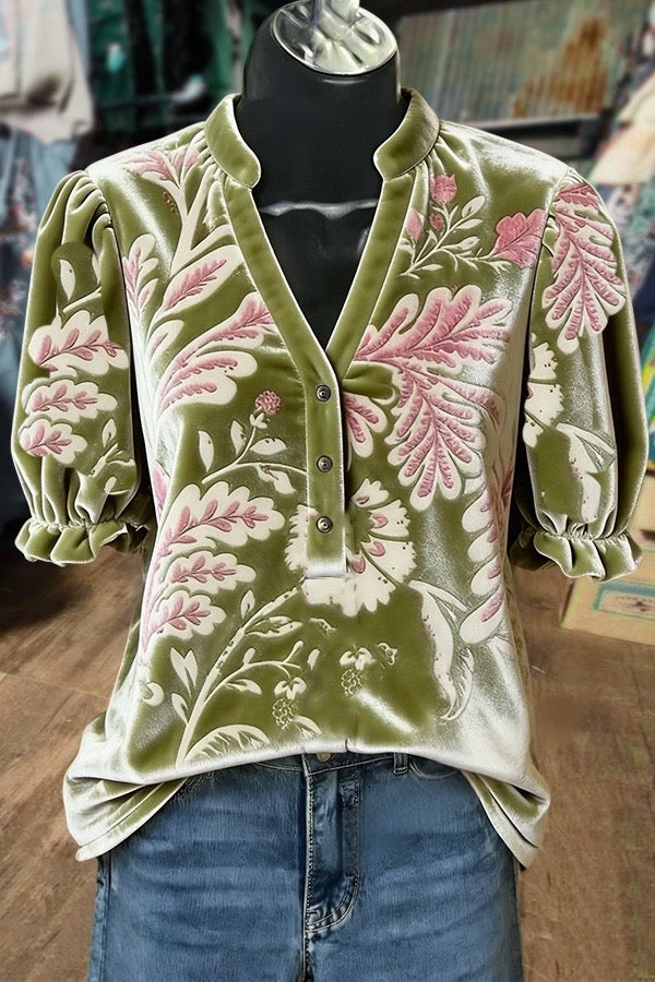 Vintage Floral Print V-Neck Puff Sleeve Velvet Top