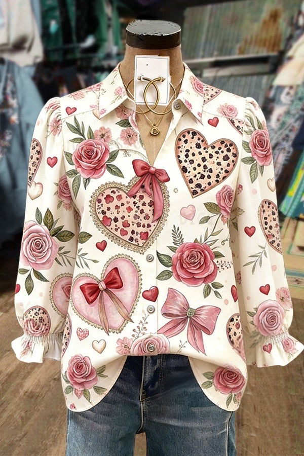 Colorful Heart Print Collared Puff Sleeve Valentine's Day Top