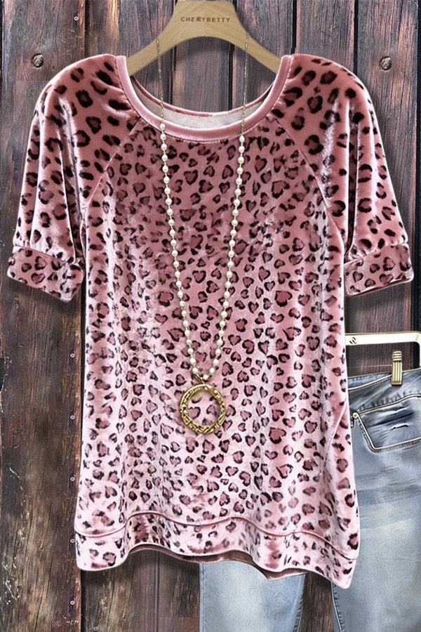 Leopard Print Short Sleeve Velvet Top