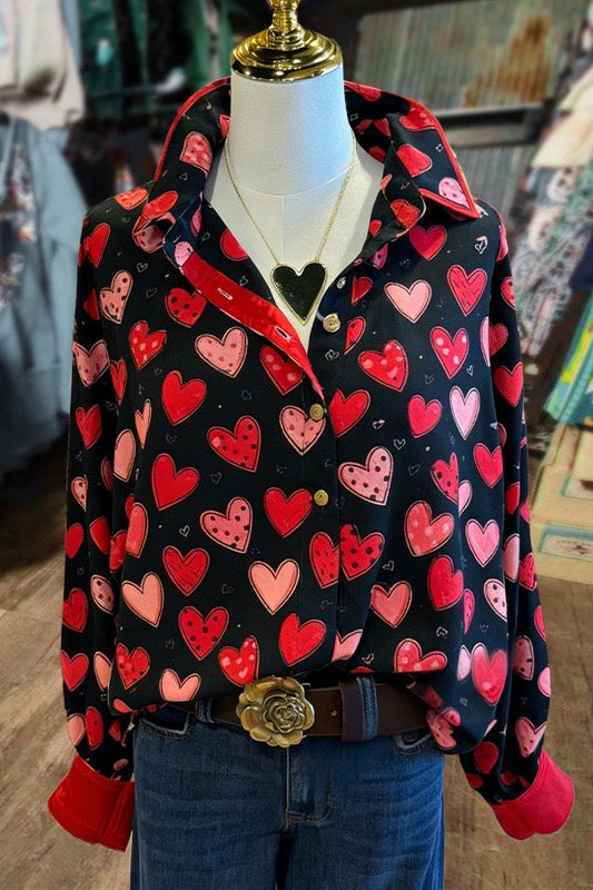 Retro Heart Print Red Puff Long Sleeve Blouse