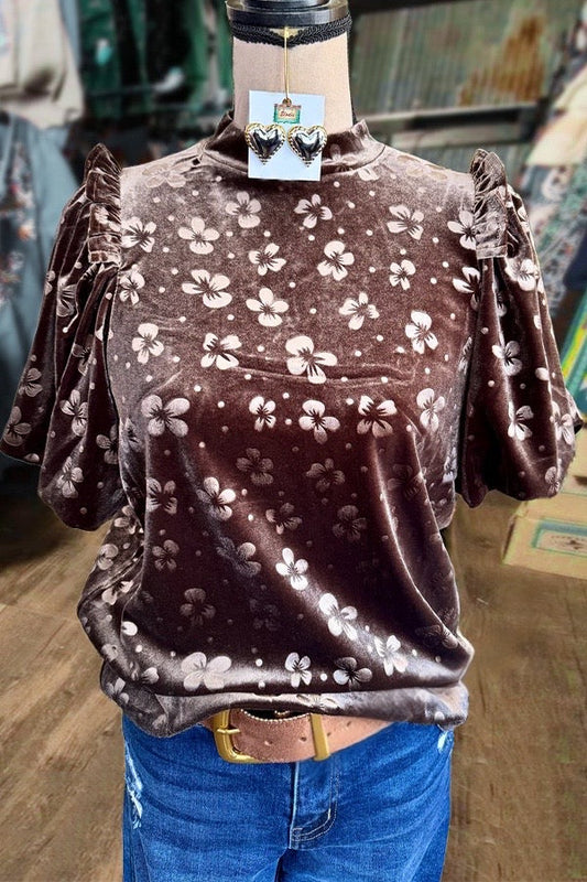 Elegant Floral Pattern Ruffle Mock Neck Puff Sleeve Top