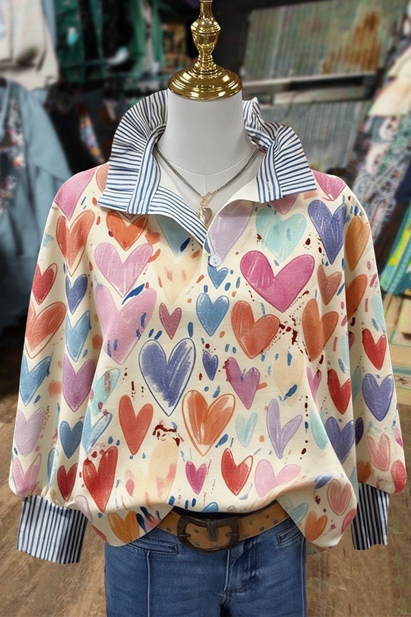 Colorful Heart Print Striped Collar Blouse