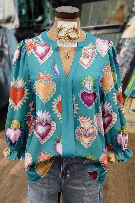 Colorful Art Heart Print V-Neck Puff Sleeve Top