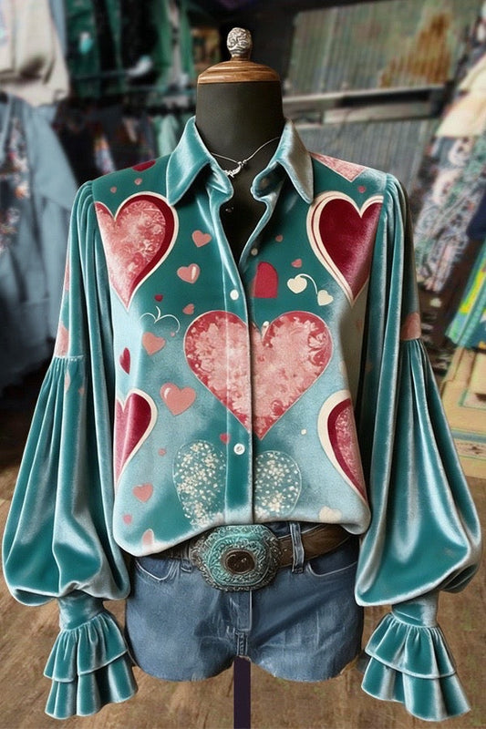 Vintage Heart Print Balloon Sleeve Velvet Shirt