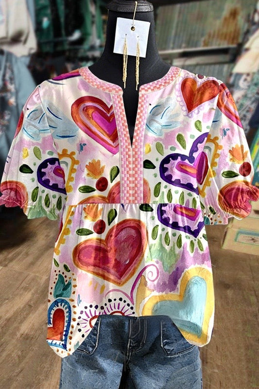 Colorful Heart Print Embroidered Split Neck Puff Sleeve Top