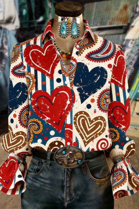 Colorful Heart Print Bell Sleeves Blouse