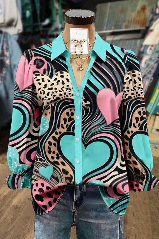 Mixed Heart Print Collared Puff Sleeve Valentine's Day Blouse