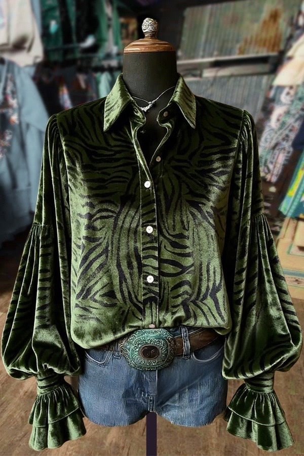 Animal Print Lantern Sleeve Velvet Shirt