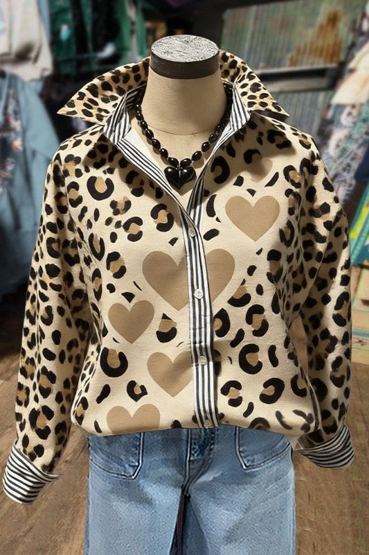 Leopard Heart Print Striped Long Sleeve Blouse