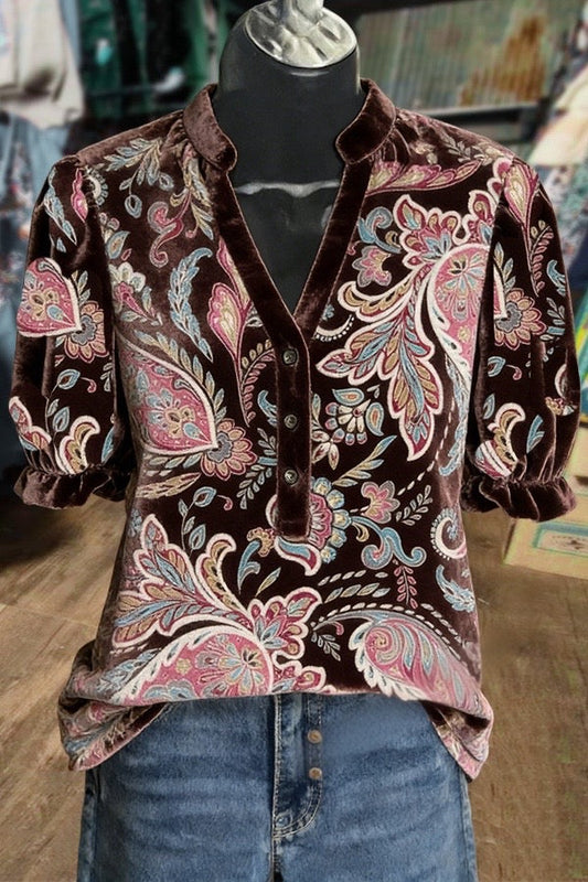 Floral Paisley Print V-Neck Puff Sleeve Velvet Top