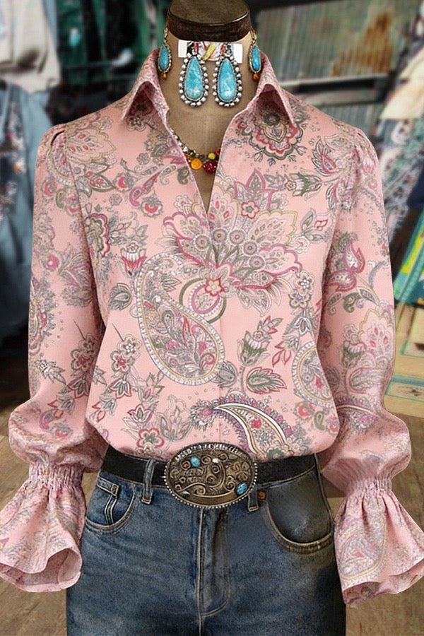 Boho Paisley Print Flared Cuffs Blouse