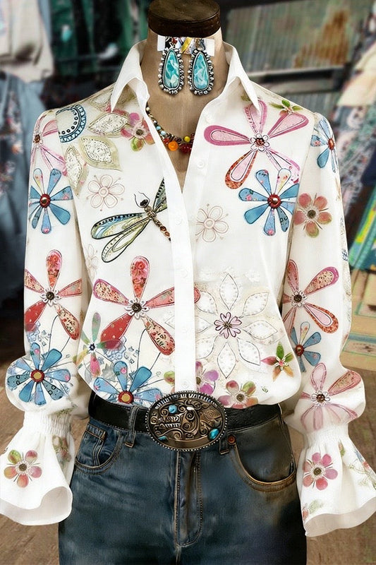 Boho Floral Print Collard Bell Sleeves Blouse