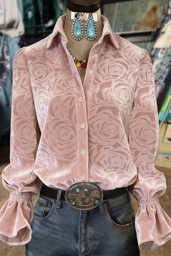 Elegant Rose Jacquard Bell Sleeves Velvet Shirt