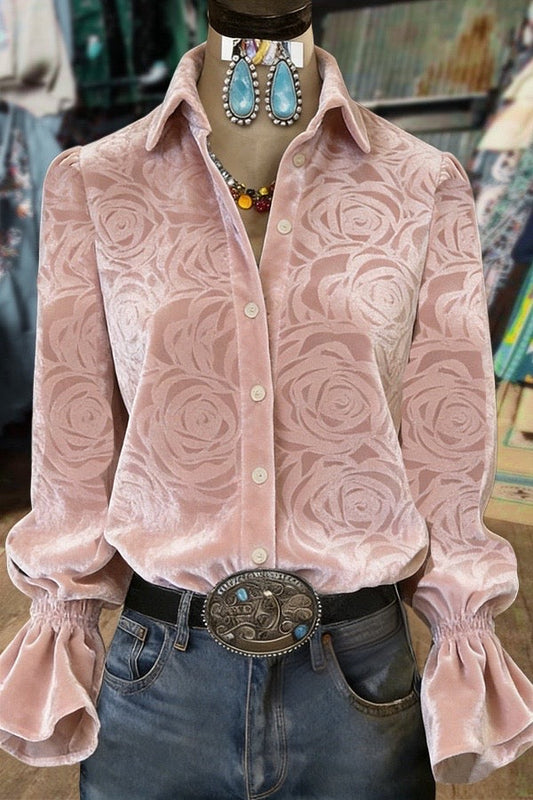 Elegant Rose Jacquard Bell Sleeves Velvet Shirt