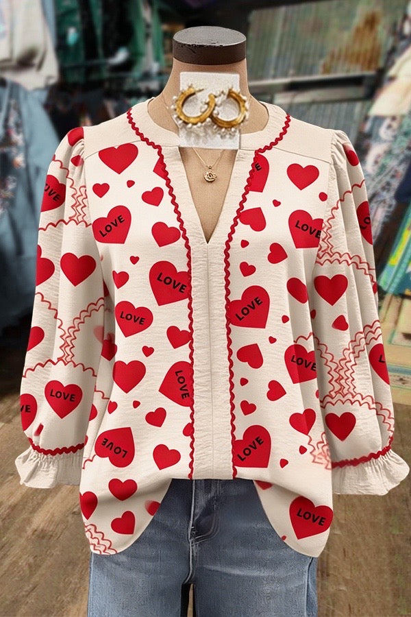 Love Heart Print V-Neck Puff Sleeve Top