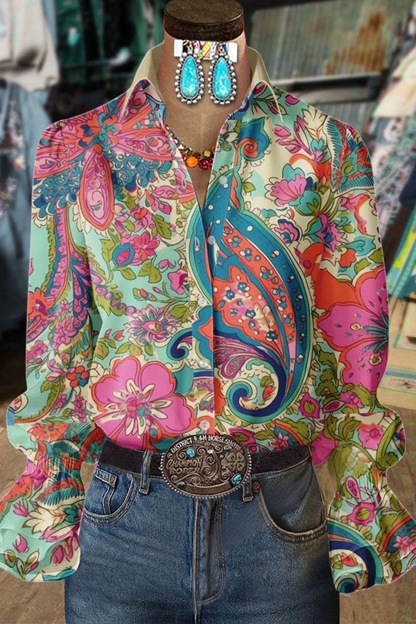 Colorful Floral Paisley Print Collard Bell Sleeves Blouse