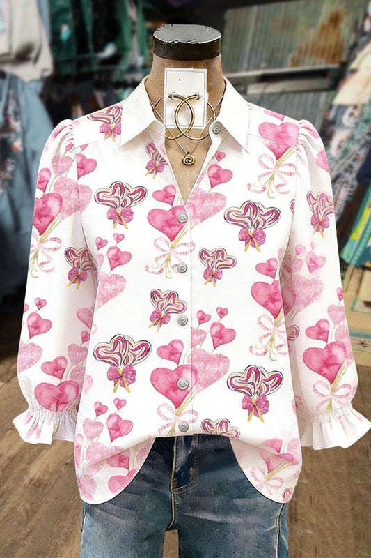 Chic Heart Print Puff Long Sleeve Blouse