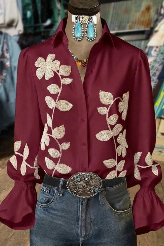Elegant Embroidered Flower Bell Sleeves Blouse