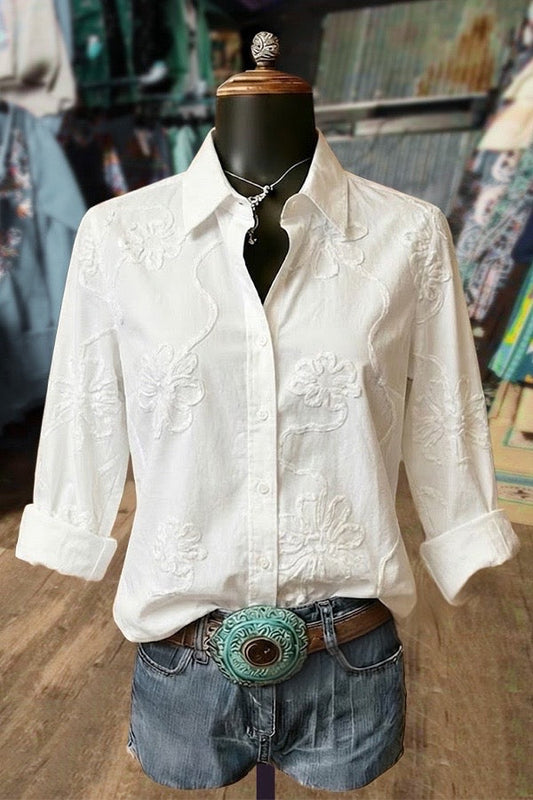Elegant Embroidered Flower Long Sleeve Blouse