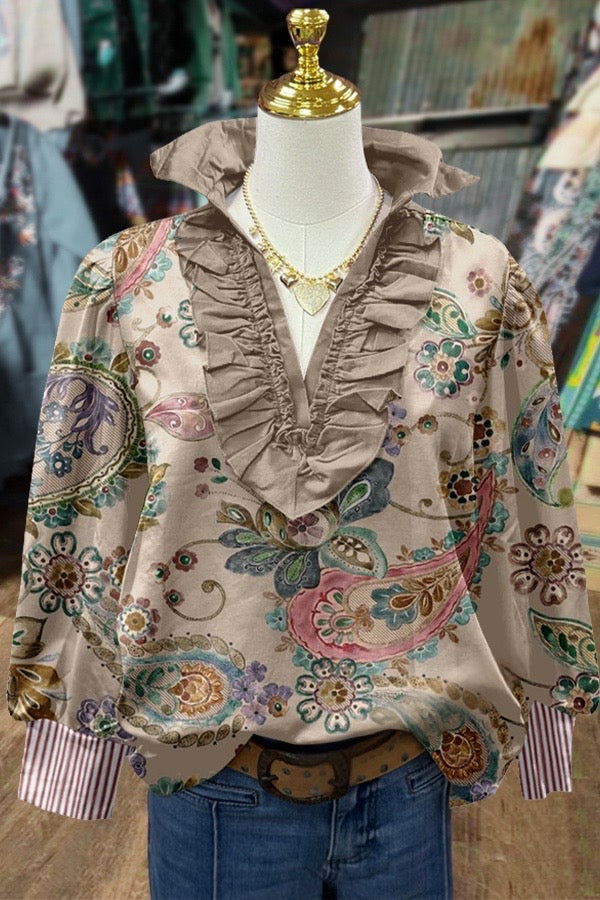 Vintage Paisley Print Ruffle Neck Blouse