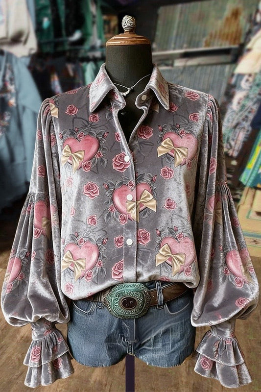 Sweet Heart Print Lantern Sleeve Velvet Shirt