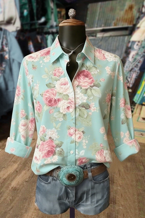 Retro Floral Print Long Sleeve Blouse