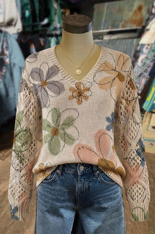 Boho Floral Print V-Neck Long Sleeve Sweater