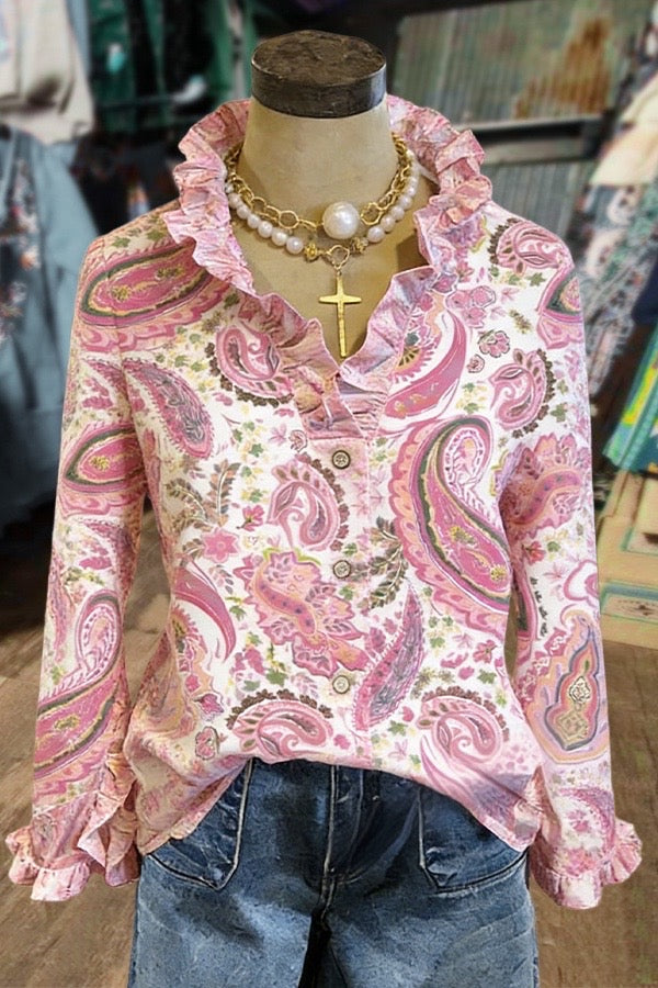 Colorful Floral Paisley Print Ruffle Neck Long Sleeve Blouse