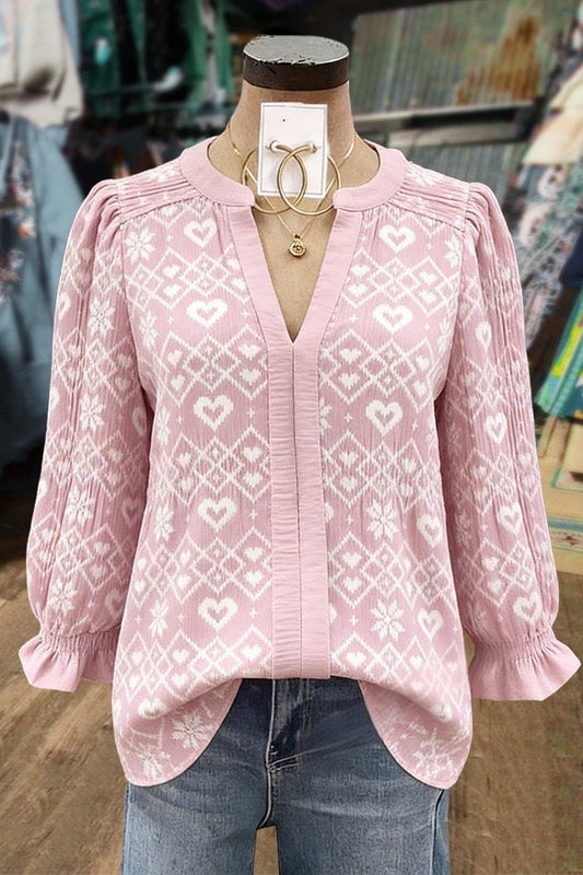 Sweet Snowflake Heart Print Puff Sleeve Blouse