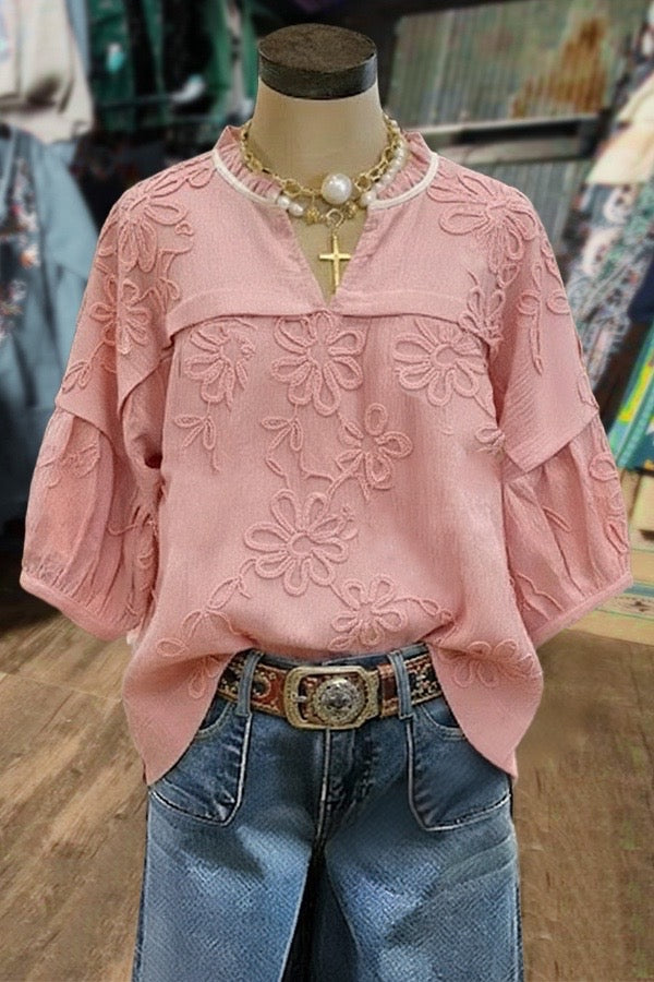 Chic Flower Embroidered Ruffle Notch Neck Blouse