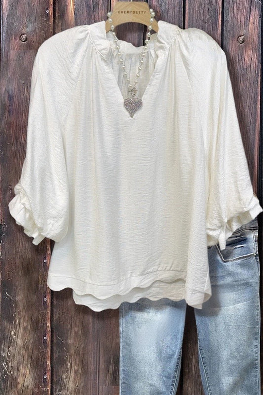 Solid Split Neck Three Quater Sleeve Dolman Sleeves Blouse