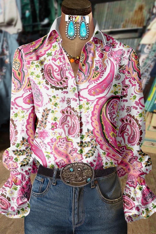 Colorful Floral Paisley Print Collard Flared Cuffs Blouse