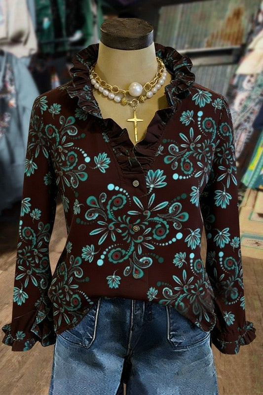 Vintage Floral Print Ruffle Neck Blouse