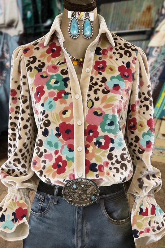 Leopard Flower Print Flared Cuffs Velvet Shirt