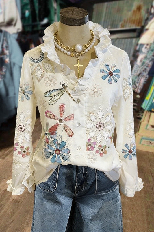 Boho Floral Print Ruffle Neck Long Sleeve Blouse