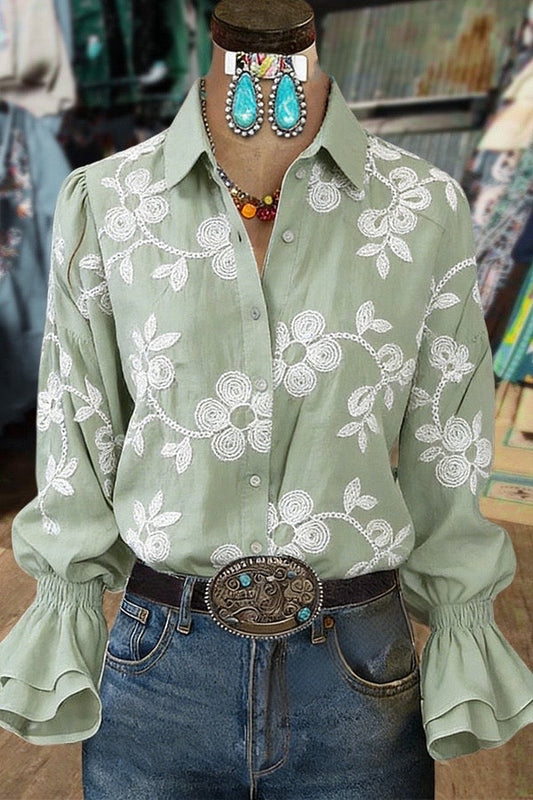 Classic Flower Embroidered Flared Cuffs Blouse